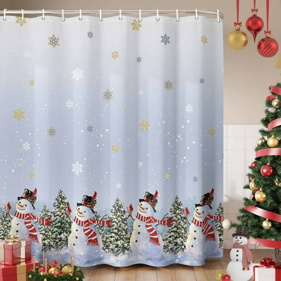 Purple Blue Christmas Snowman Shower Curtain, Winter Xmas Tree Snowflakes Waterproof Fabric Shower Curtains with 12 Hooks, Bathroom Curtain Set for Bathroom Accessories Decor, 36 x 78 Inches
