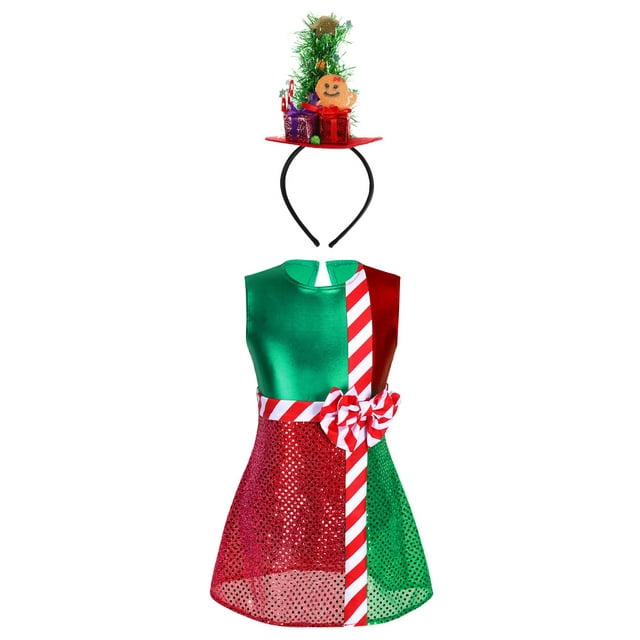 Xnihocha Robe de Fête de Noël pour Filles, Imprimé Rayé, Tutu, avec Bandeau Mignon, Cerceau à Cheveux, Olive 14