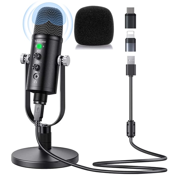Mercase USB Condenser Microphone for PC Android Phone Mac PS4/5, Mic for Podcast, ASMR, Recording, Streaming, Gaming, with Noise Cancelling/Echo/Quick Mute/Monitoring, Metal Stand with 360° Rotation
