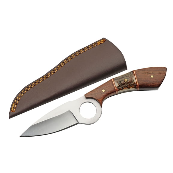 SZCO 7.5 Inch Showdown Horn Hunter Knife Full Tang Stainless Steel Blade Horn Resin Handle With Leather Sheath Outdoor Fixed Blade Knife