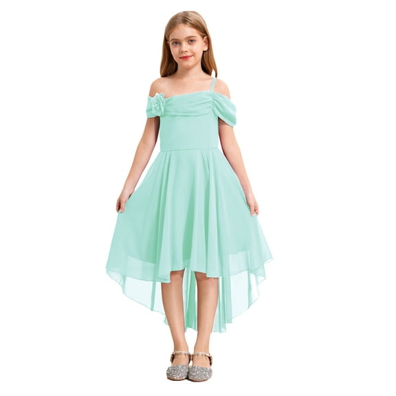 YiZYiF Kid Girl Off Shoulder Flower Girls Dress High Low Hem Wedding Birthday Party Dress Evening Light Green 16