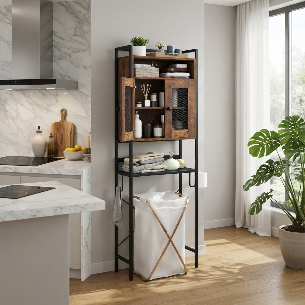 Demi Bonn Toilet Storage Cabinet, Bathroom Cabinet Organizer, Over-The-Toilet Storage Cabinet with Heavy-Duty Metal Frame 2-door Freestanding, for Bathroom, Rustic Brown