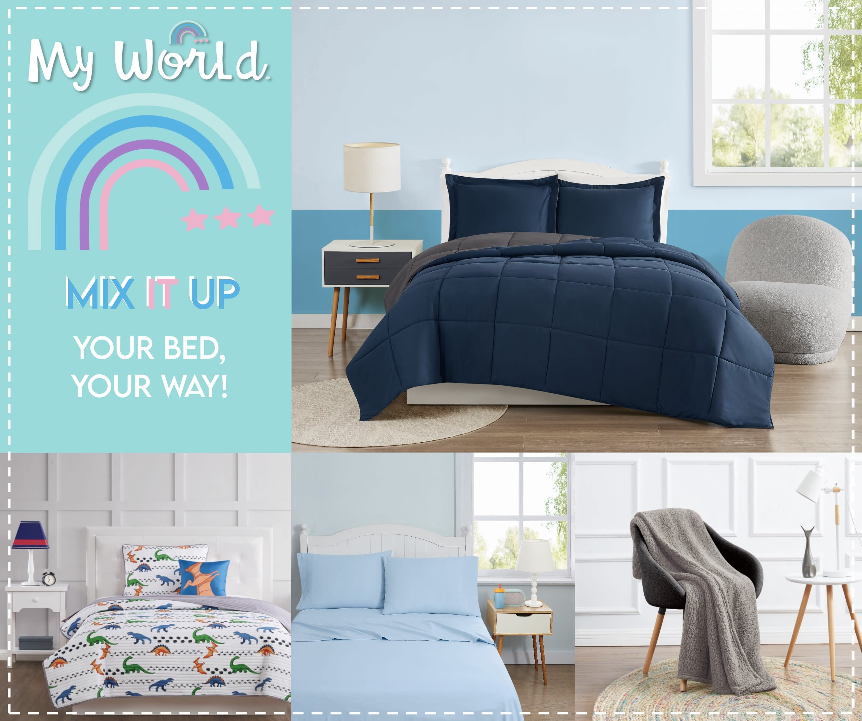 My World Mason Stripe Blue  and  White Polyester 3-Piece Twin Quilt Set, stripe themed, for Kids, OEKO-TEX Certified