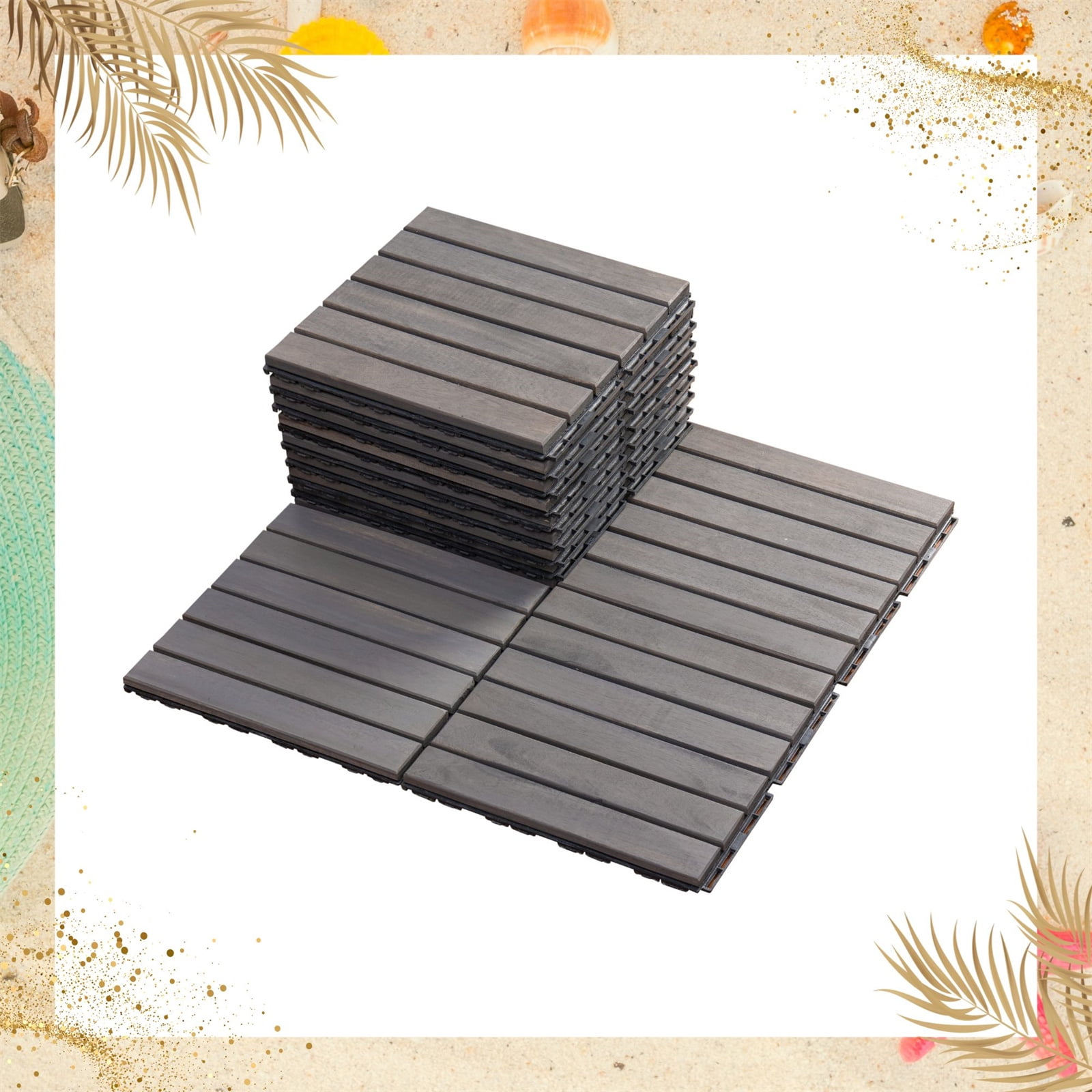 Acacia Wood Interlocking Patio Deck Tiles (Pack of 10, 12" x 12