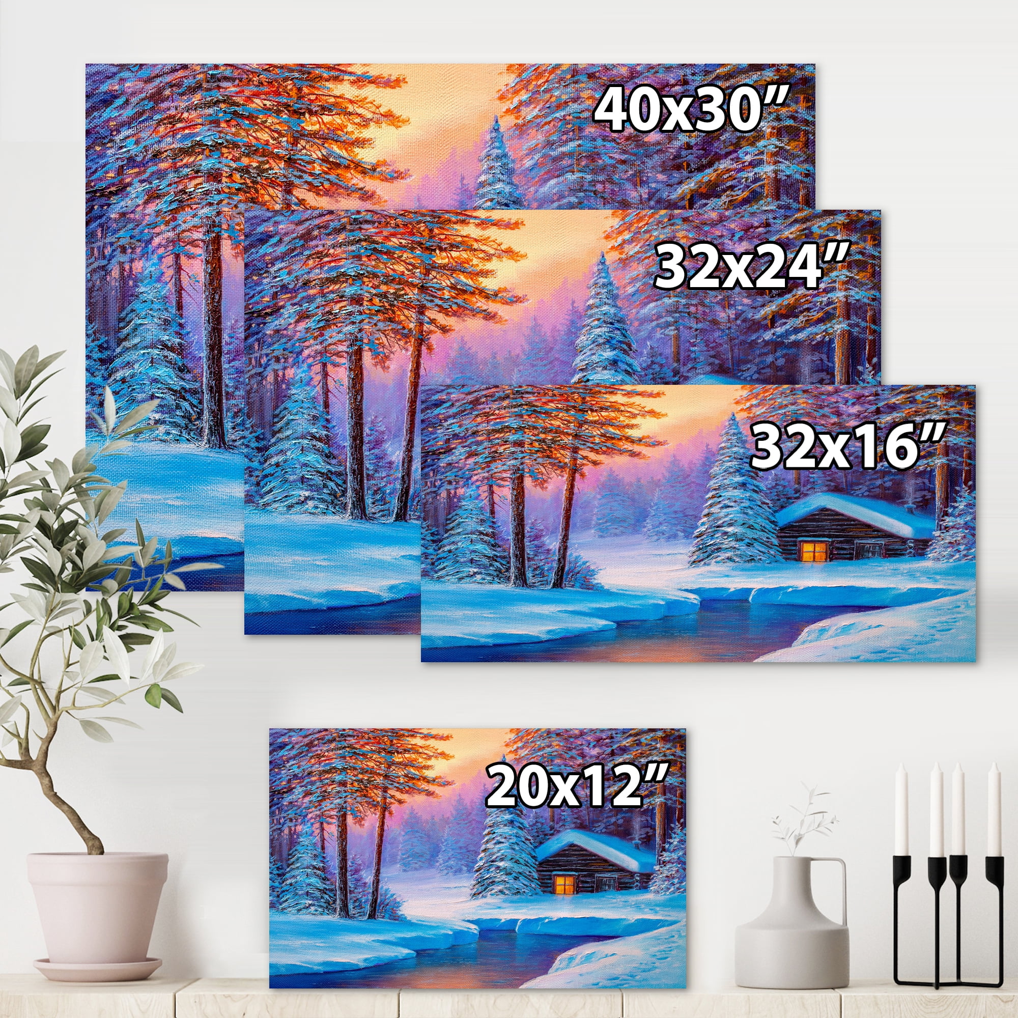 Old Cabin In Winter Forest In Evening Glow I 40 in x 30 in Painting Canvas Art Print, by Designart