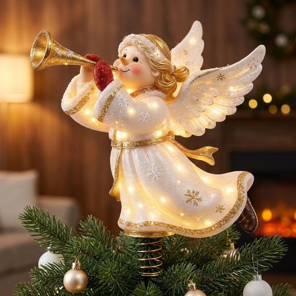 TTJ Lighted Christmas Angel Tree Topper, LED Angel with Golden Trumpet and Feathered Wings, Warm White Illuminated Holiday Tree Decoration, Elegant Christmas Tree Top Ornament(A)