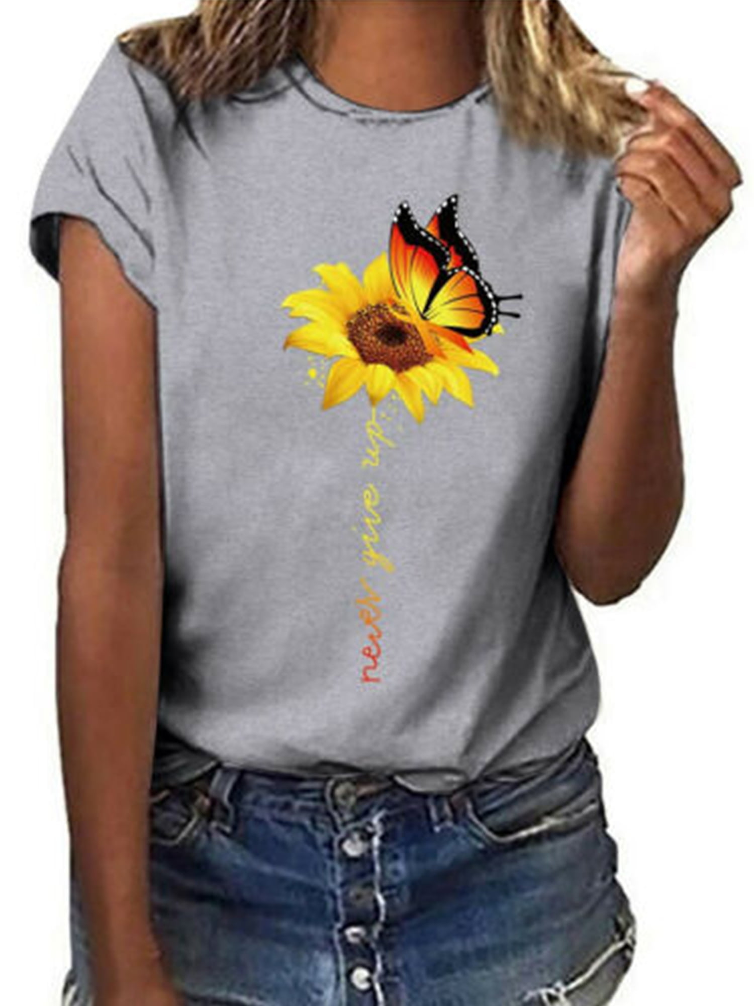 Summer Short Sleeve T Shirt for Women Casual Sunflower Print Top Ladies ...