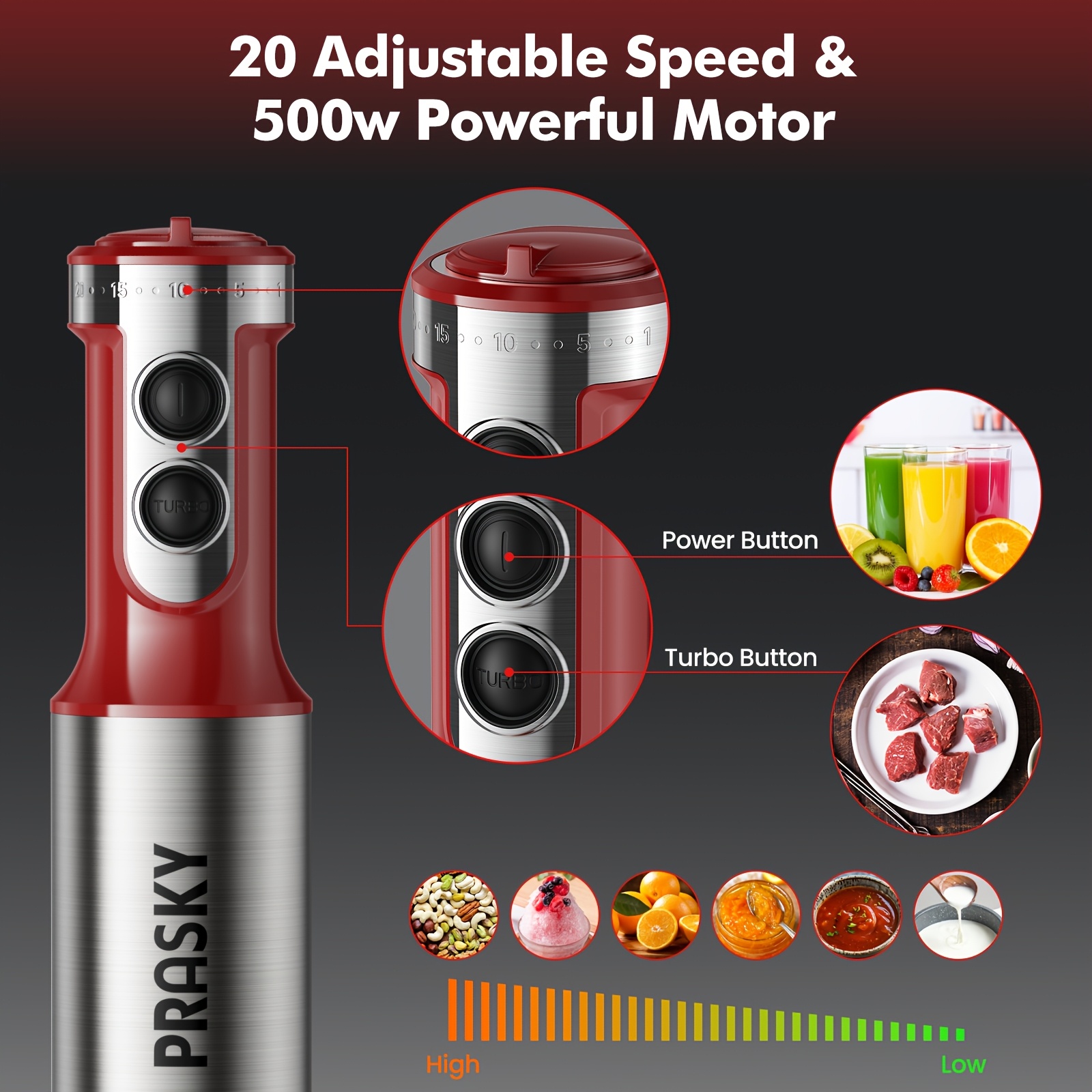 5-in-1 Handheld Immersion Blender, Heavy Duty Motor with Multi-Attachments, Ergonomic Handle, Includes Whisk & Chopper, 120V US Plug, Versatile Kitchen Blending & Whipping Tool