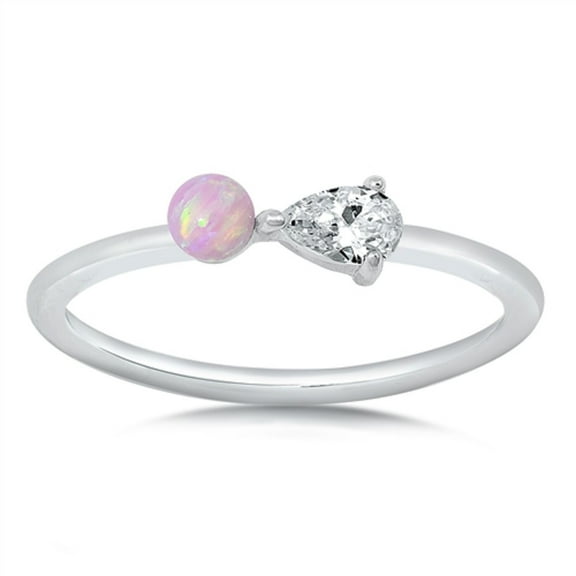 Pink Simulated Opal Pear Shape Clear Cubic Zirconia Classic Ring Sterling Silver Size 6