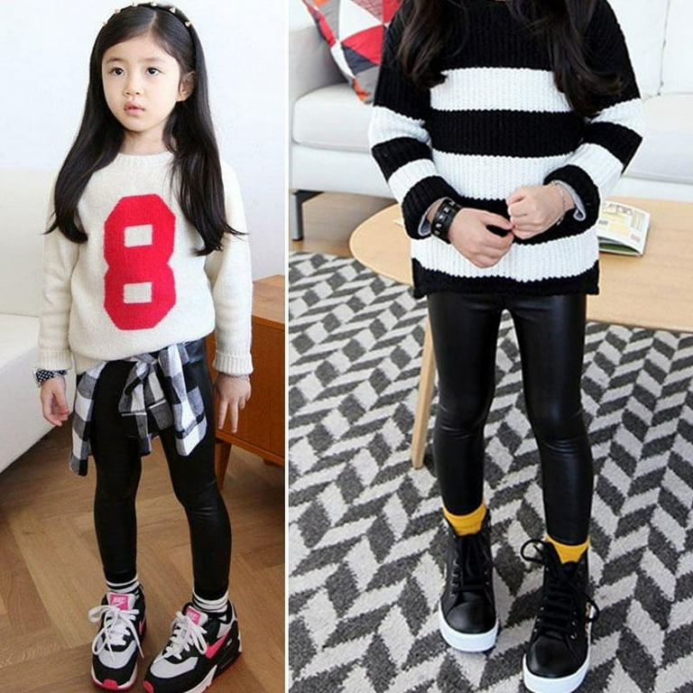 Baby Girls Kids Black Faux Leather Stretchy Skinny Pants Leggings Trousers  1-8Y