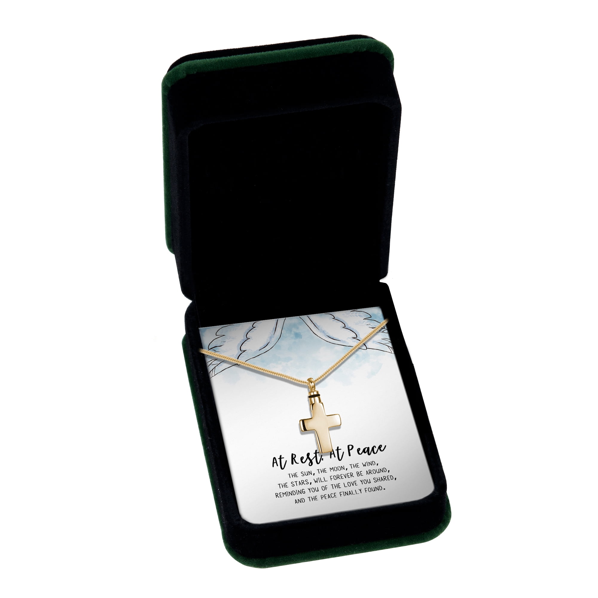 At Rest At Peace Card - Gold Cremation Necklace - Memorial Urn Jewelry - Keepsake Human Ashes Holder Container - Stainless Steel Cross - Funnel Kit - Ships Next Day