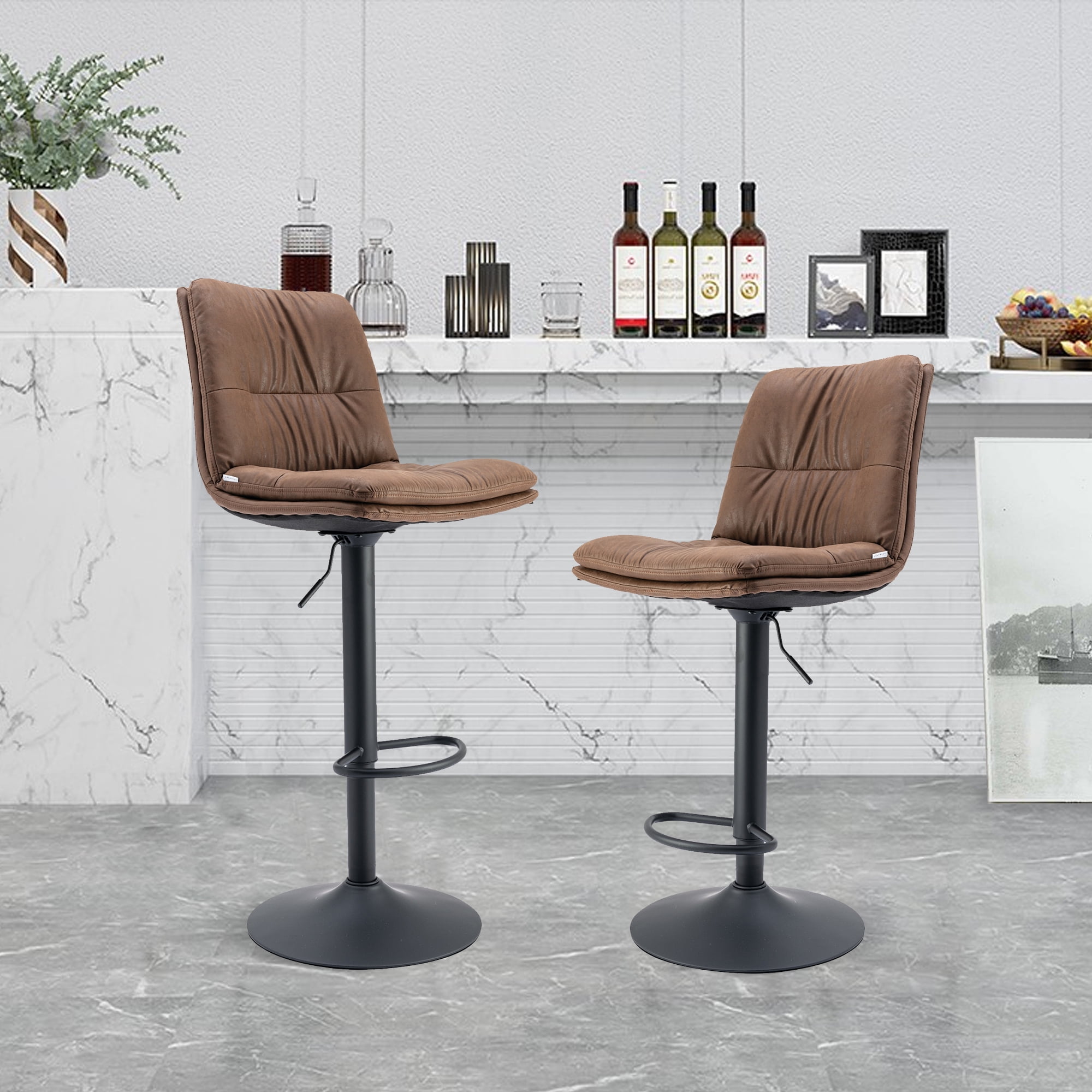 Set of 2 Kitchen High Bar Chairs Microfiber Bar Stool Chair Height