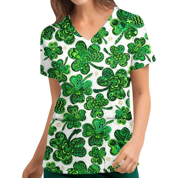 Luxalzxs Women St. Patrick's Day Scrub Tops Clover Print Short Sleeve V-Neck Tops Nursing Working Uniform