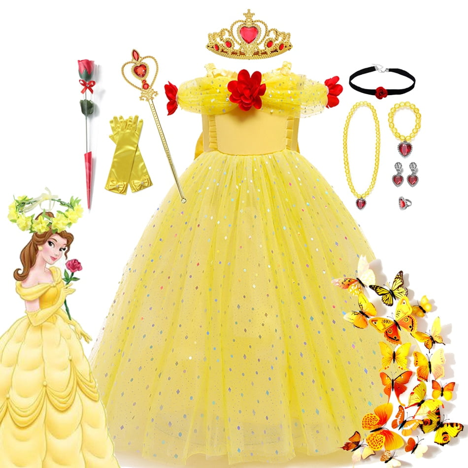 Haizhiwei Disney Fille Belle Princesse Robe Enfants La Belle Et La Bete Cosplay Costume Enfants De Noel Anniversaire Elegante Robe De Bal De Fete Othe