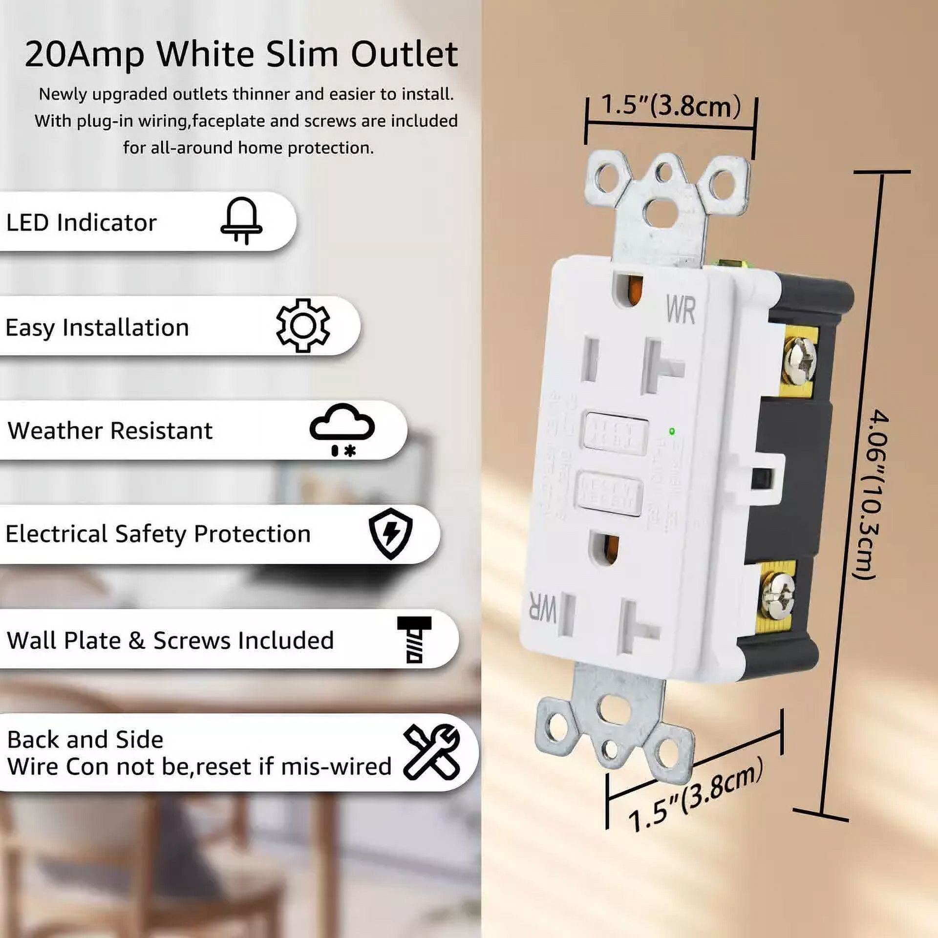 Kingsale4U 20 Amp 125-Volt Slim Gfci Outlet White Receptacle