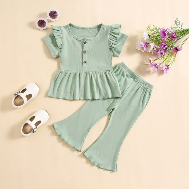 LSLJS Mode Ensemble Décontracté pour Filles Manches Courtes Col Rond Boutons Shorts Unis Vêtements d'Été Vêtements pour Enfants Tendance 2024