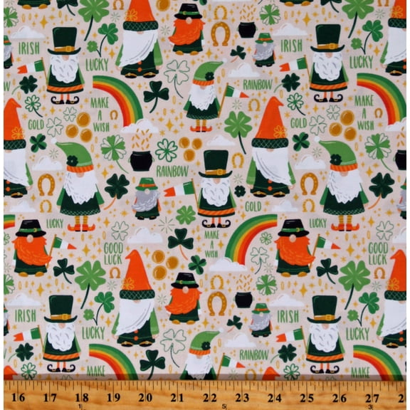 Cotton Saint Patrick's Day Gnomes Rainbows Gold Luck of the Gnome Multicolor Cotton Fabric Print by the Yard (120-2462)