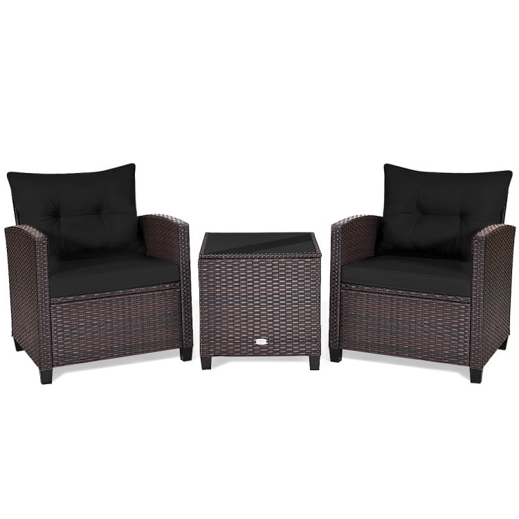 Aimee Lii 3 Pieces Wicker Patio Furniture Set, Coffee Table Cushioned Sofa, Modern Patio Furniture, Black Aimee Lii 3 Pieces Wicker Patio Furniture Set, Coffee Table Cushioned Sofa, Modern Patio Furniture, Black