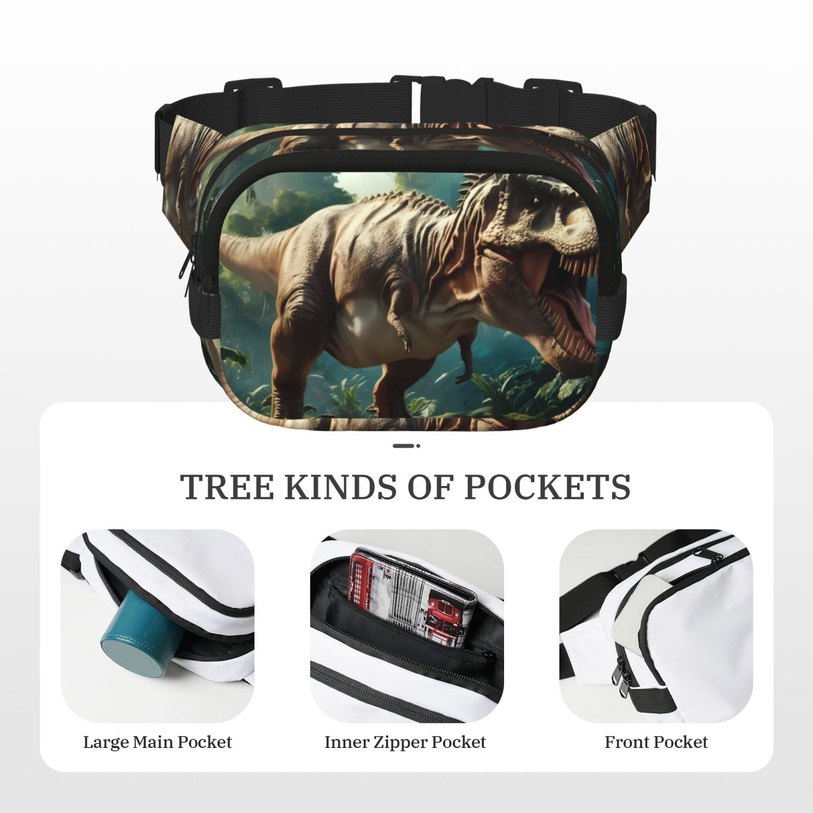 Picia Green Forest Dinosaur Print Square Double-Layer Waist Bag Mini Adjustable Waist Belt Bag Exercise Running Travel Hiking