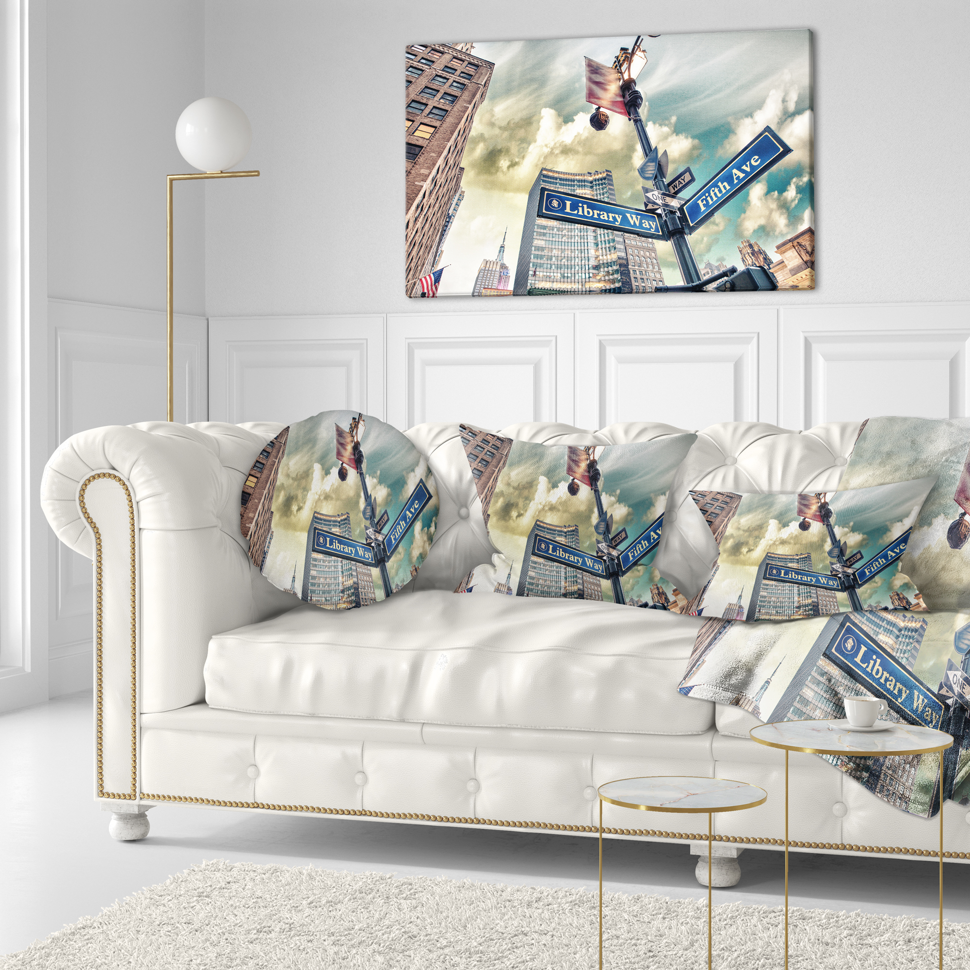 Designart Library Way and 5th Avenue Street Signs - Modern Cityscape Throw Pillow - 12x20