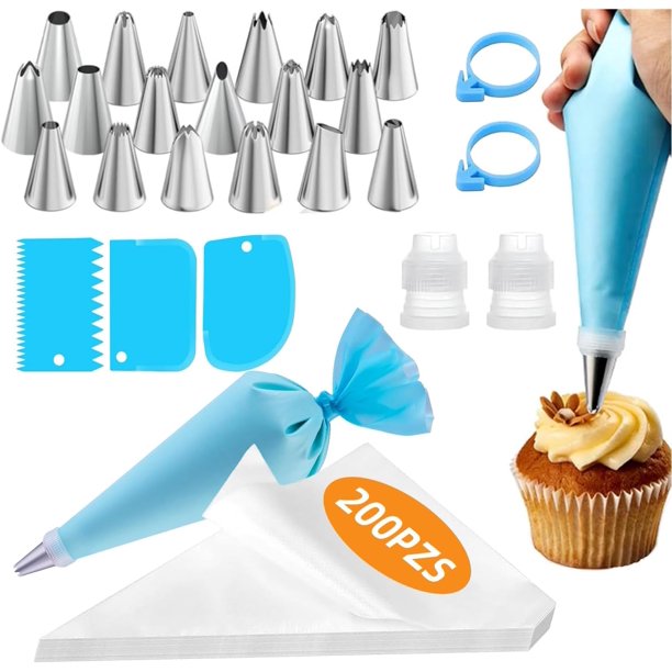 Kit de Reposteria y Pasteleria 232 Piezas | Incluye Mangas Pasteleras Reutilizable, 200 Mangas Desechables, 24 Boquillas y Accesorios | Para Decorar Pasteles, Cupcakes y Galletas (Estilo I)
