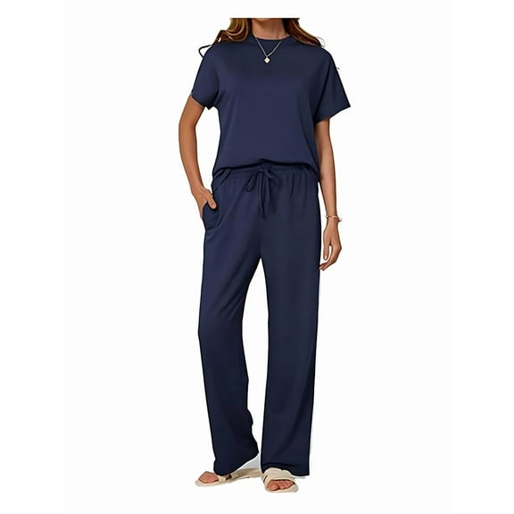 Women'S Two-Piece Casual Suit Travel Sportswear Short-Sleeved Wide-Leg Casual Sports Suit Blue Suit L