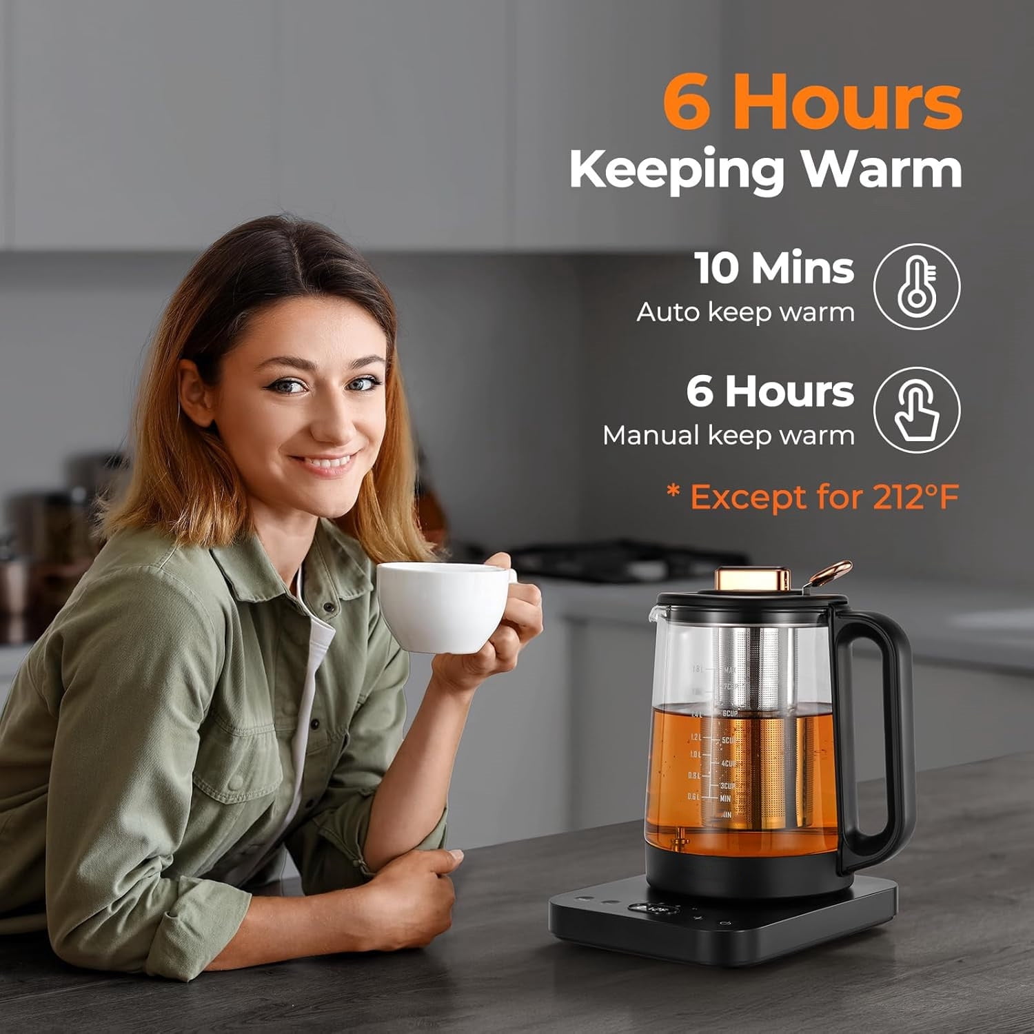 Electric Kettle Temperature Control ±5℉, 1.8L Glass Electric Tea Kettle with Removable Infuser for Flowers & Fruit Tea, 1200W Fast Boiling, 6 Hours Keep Warming, Black