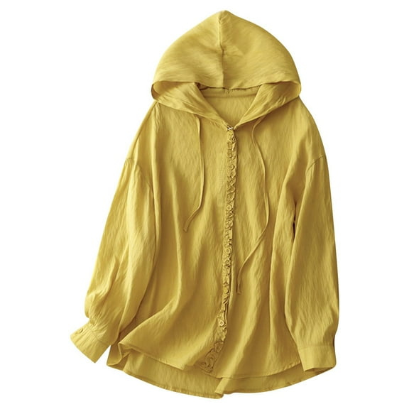 Kaemgyyd Women's Upf 50 Sun Protection Jacket Cotton Linen Hoodie Cute Button down Sun Shirts for Hiking Running Athletic