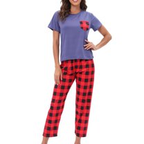 Defitshape Women's 2 Piece Pajama Set Animal Printed Summer Sleepwear Soft Lightweight Lounge Set Short Sleeve Capri Pants Cute Spring Sleeping Pj Set Blue Medium