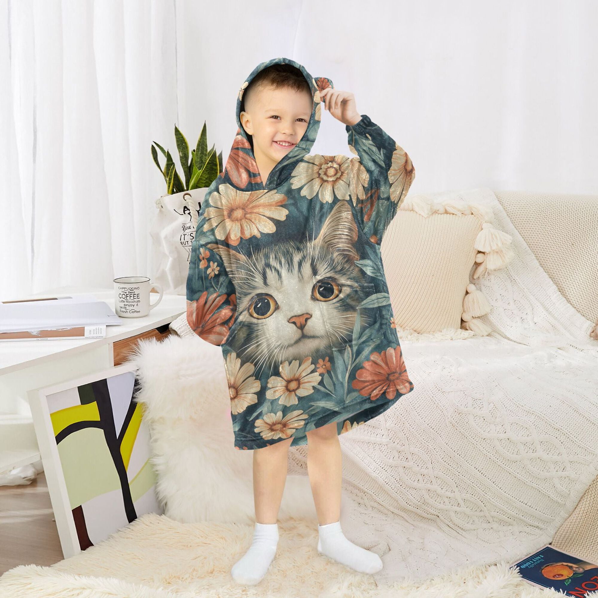 FORMRS Wearable Blanket Hoodie with Sleeves for Kids Cozy Flannel Sweatshirt, Flowers Cat