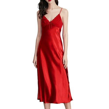 

Sexy Dance Ladies Night Gowns V Neck Sleep Dress Sleeveless Nightgowns Lounge Pajama Strappy Nightdress Sleepwear Red XL