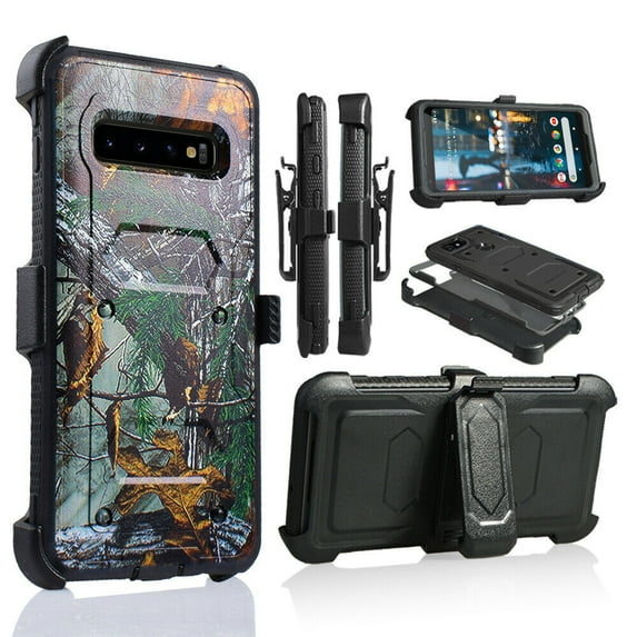 for 5.8" Samsung Galaxy S10e Hybrid Heavy Duty Belt Clip Shockproof Holster Kickstands Soft Silicone Absorber Rugged Defender Cover Hard Back Dual Layers Armor Bumper Phone Case CamoPineTree