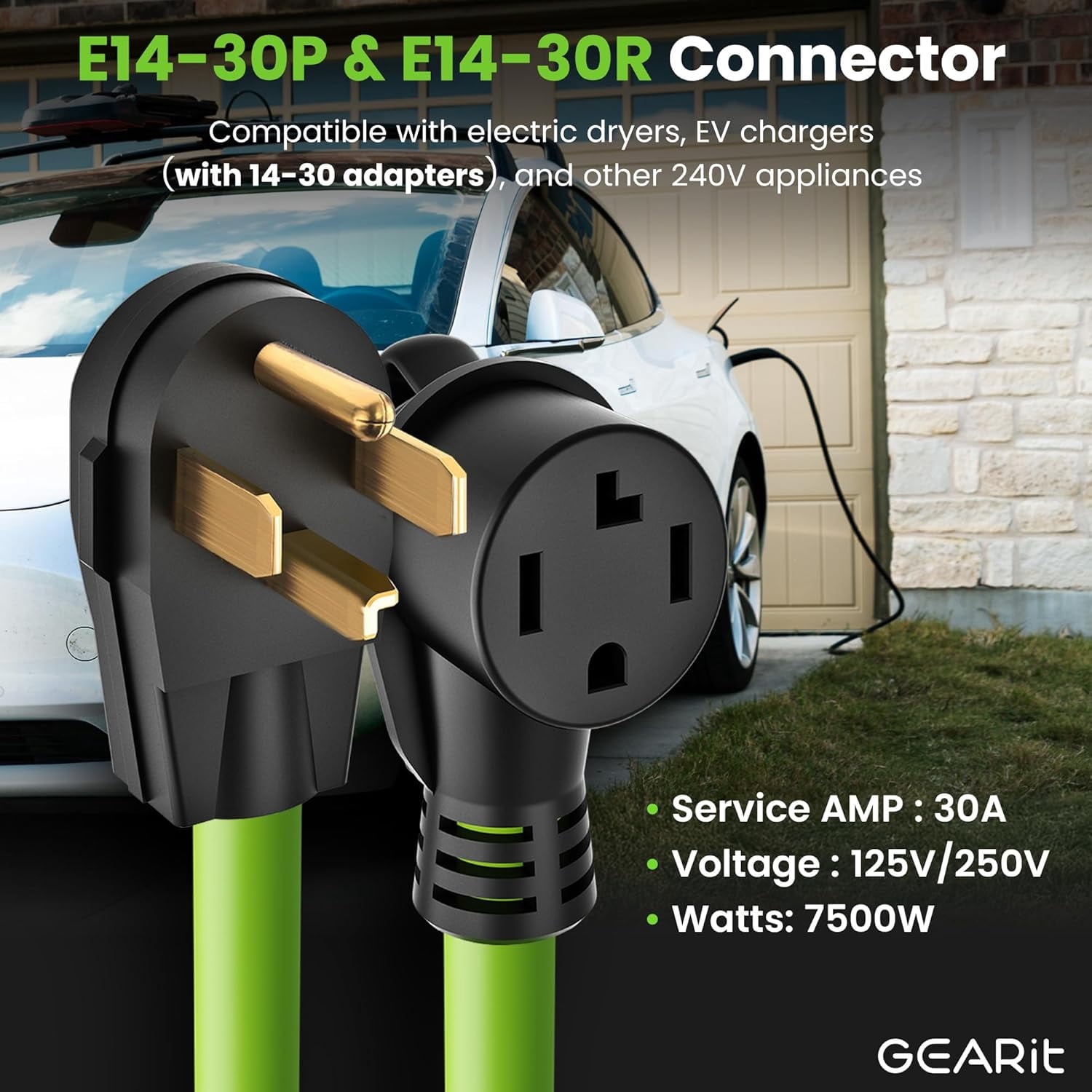 GearIT 4-Prong 30 Amp Extension Cord 50 ft, NEMA 14-30P to 14-30R Weather Resistant for Dryer RV, and Level 2 EV Charger, Green