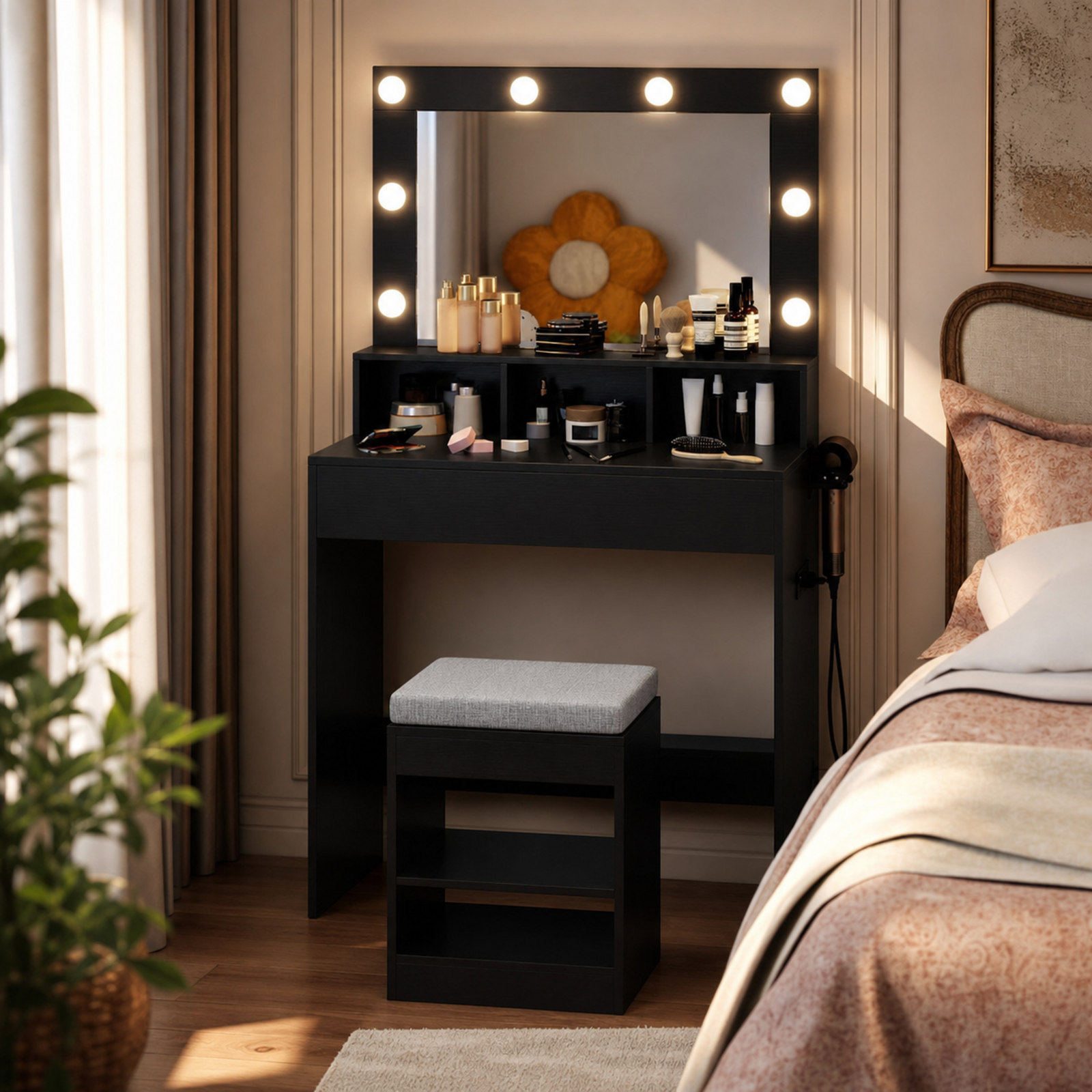 Furnibear Vanity Table Set with Lighted Mirror and Cushion Stool for Bedroom Makeup Dressing Room Vanity Desk Mirror Set, Black
