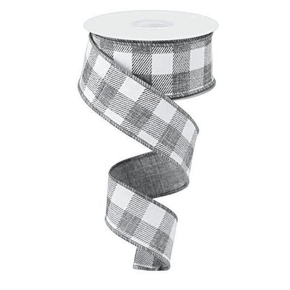 Plaid Check Wired Edge Ribbon - 10 Yards (Grey, White, 1.5 Inches)TR72209-10