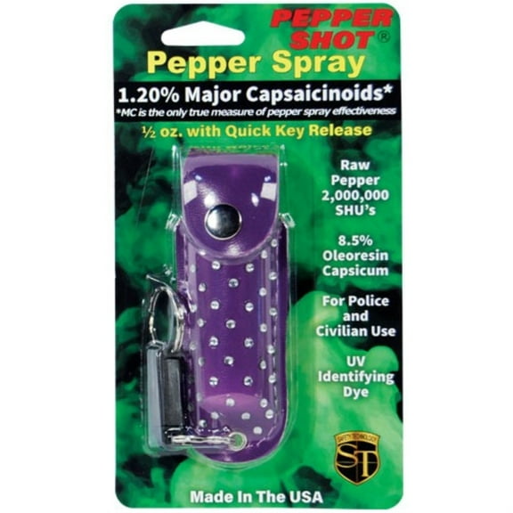 Pepper Shot 1.2% Mc 1/2 Oz Rhinestone Leatherette Holster And Quick Release Keychain Purple