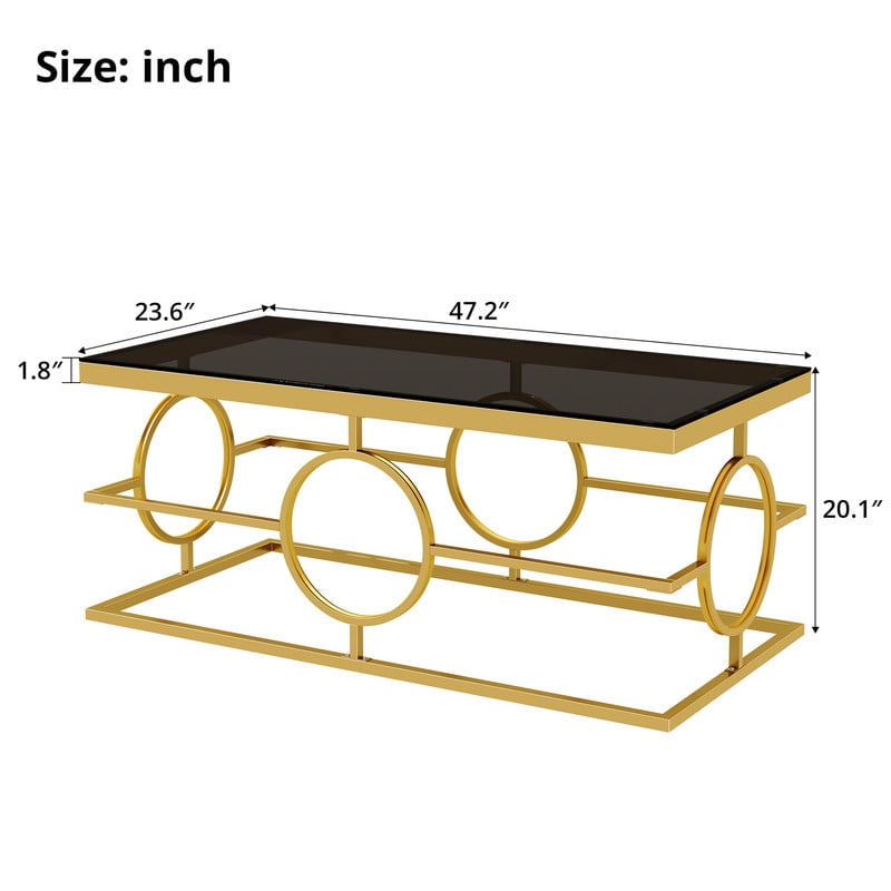 Glass Top Coffee End Table with Gold Metal Frame, Rectangular Storage Center Cocktail Table with Geometric Circle Base