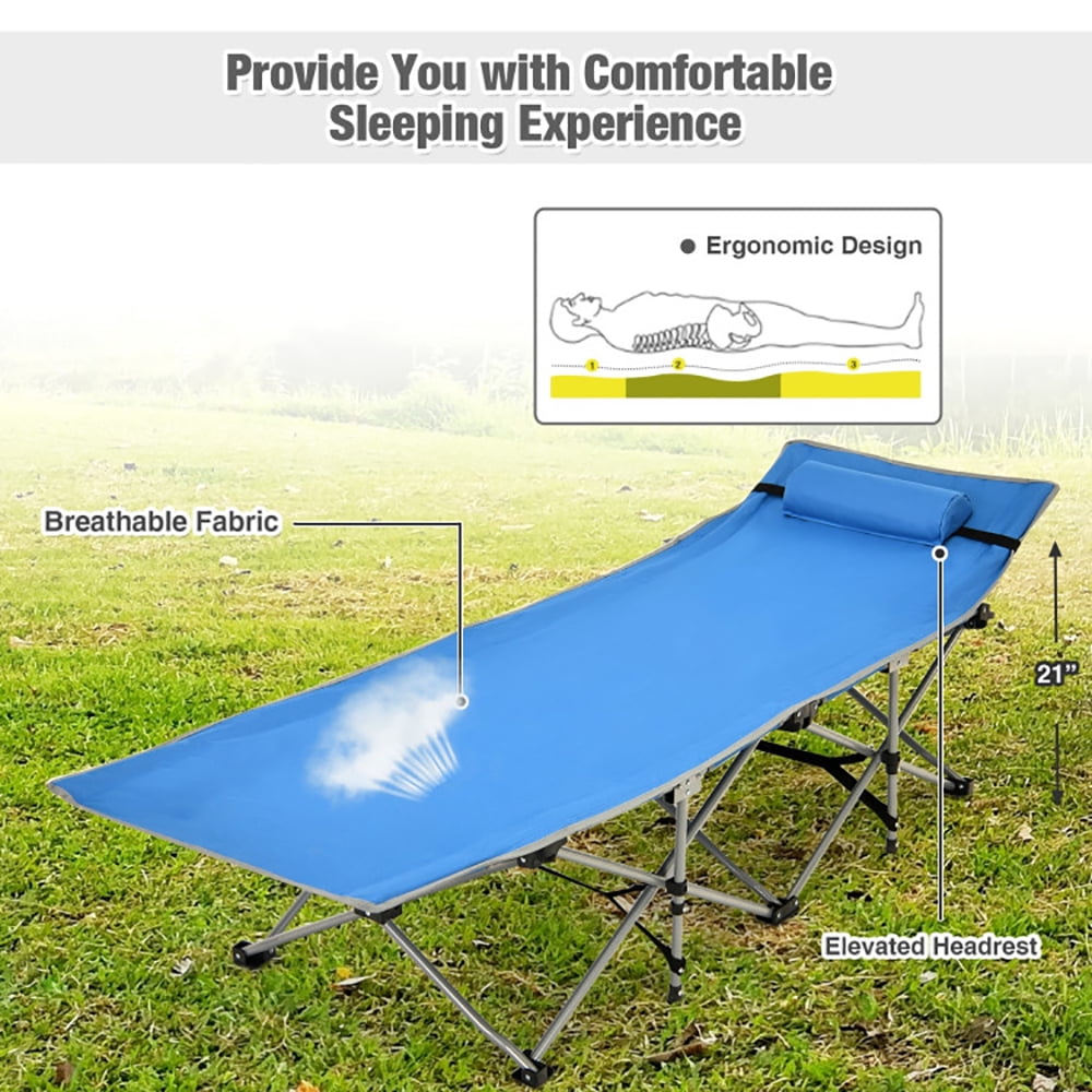Aimee Lii Folding Camping Cot with Side Storage Pocket Detachable Headrest, Folding Sleeping Cot for Camping, Blue