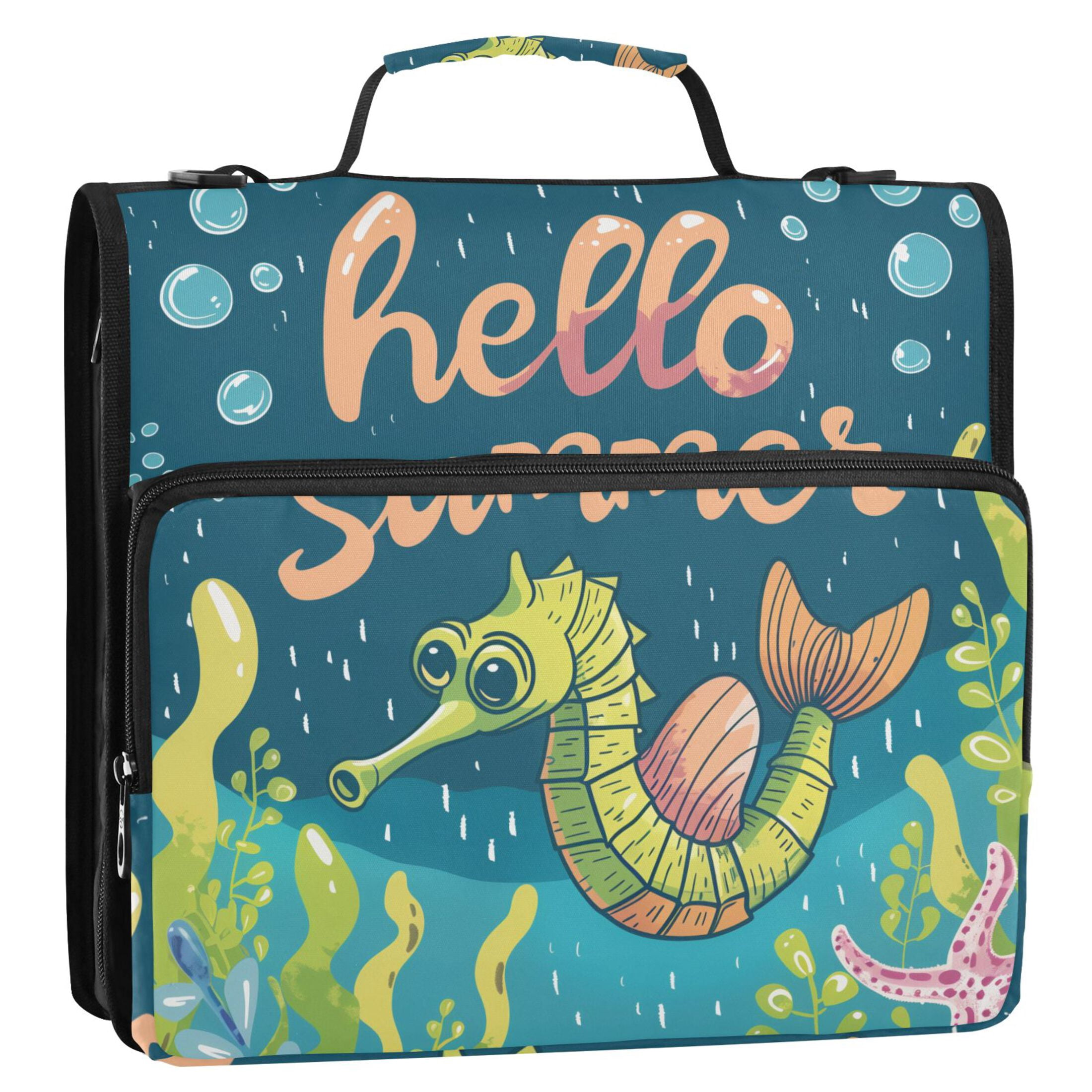 3 Ring Zipper Binder with Shoulder Strap Waterproof Trapper Keeper 2 Inch D-Ring 500 Sheets Capacity Hello Summer Seahorses