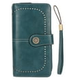 thumbnail image 1 of Cartera de piel con bloqueo RFID para mujer, gran capacidad, doble cierre a presión y correa de muñeca extraíble, color azul pavo real, 1 of 14