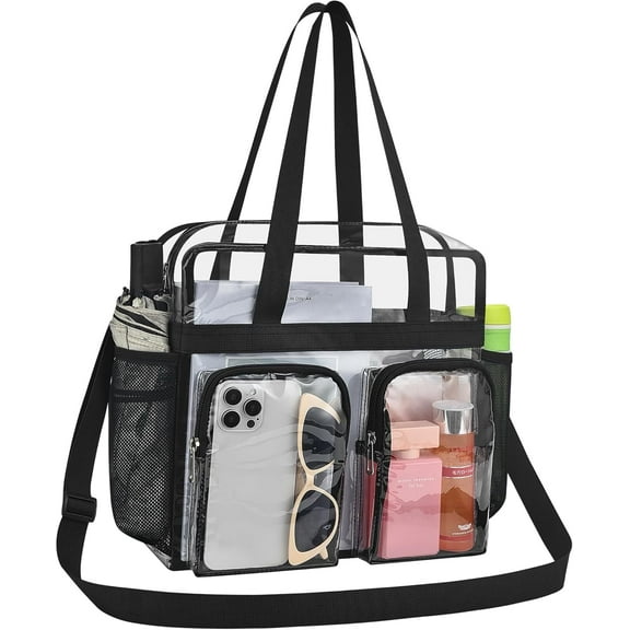 mirlewaiy Clear Tote Bag Clear Bag Stadium Approved 12x6x12 Stadium Bag for Work, Sports Games,Gym-Black-Two Pockets