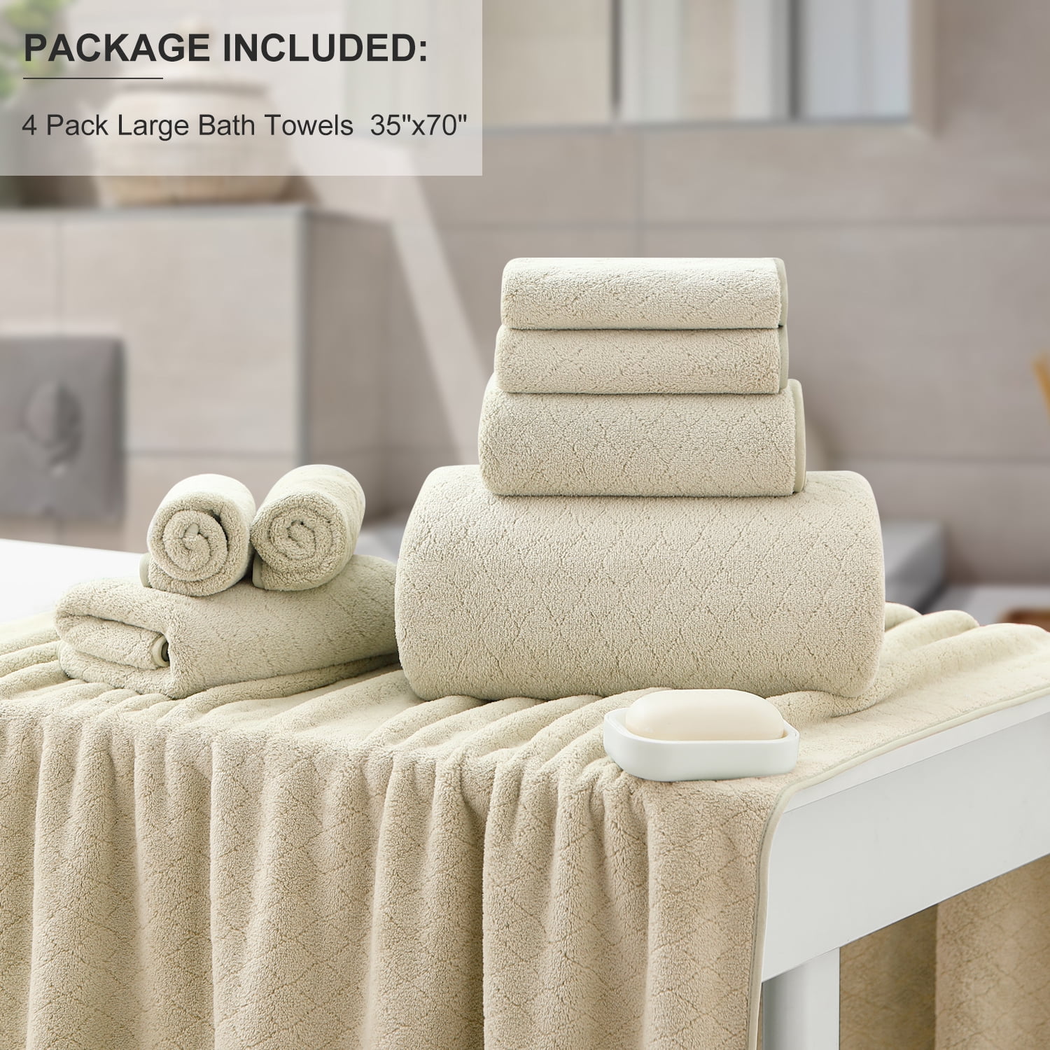 4 Pack Extra Large Bath Towels 35"x 70" Quick Dry Oversized Bath Towels Ultra Soft Microfiber Bath Sheets Highly Absorbent Bulk Towels Set for Bathroom Spa Hotel(Camel)