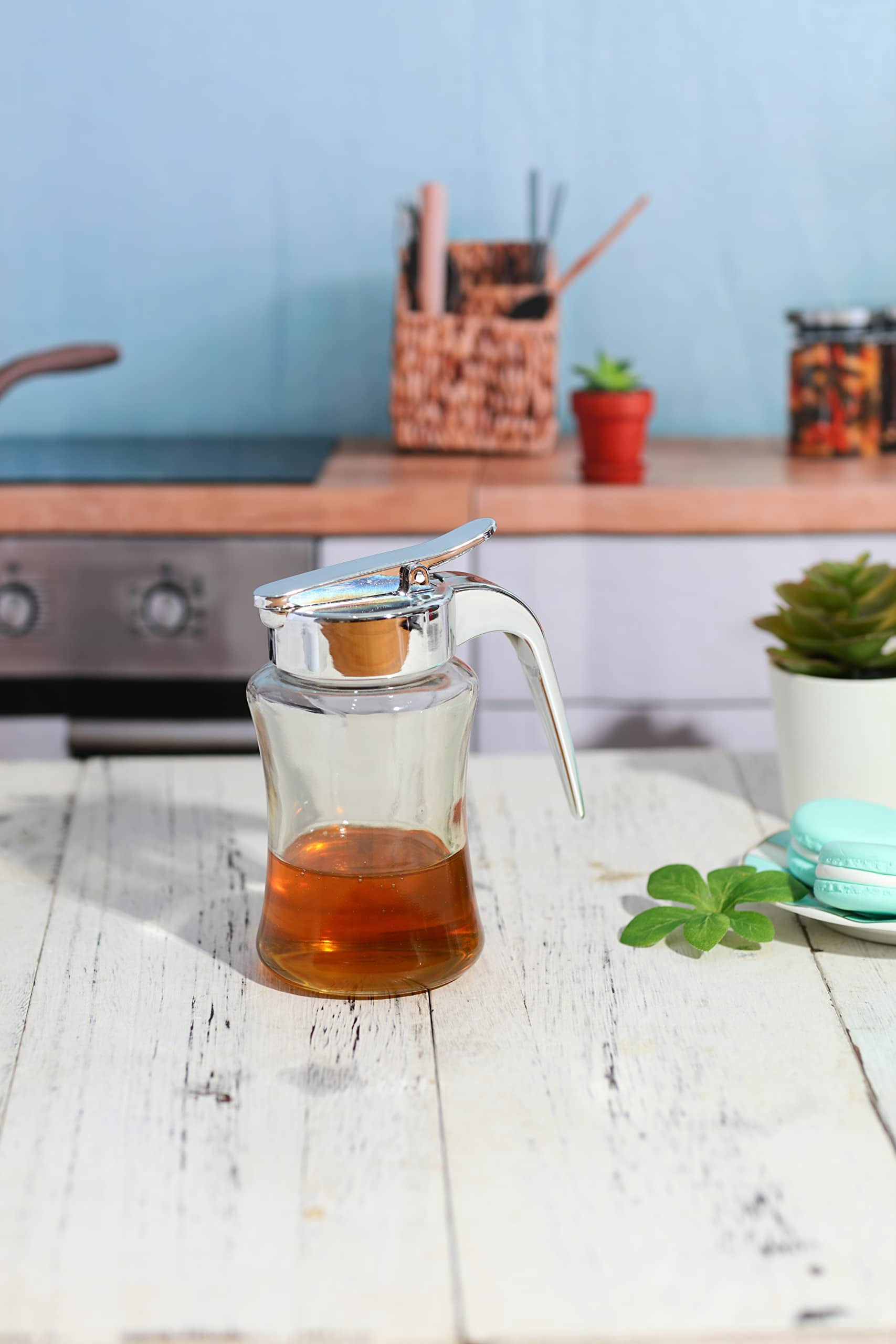 2-pack Glass Syrup Dispenser Bottle For Maple  Honey Pot Or Sugar Jar W/handle Shaker Pancakes Coffee Cereal Bowl Tea Pour Spout Lid Easy Spoon Measure 7.5oz Container Holder