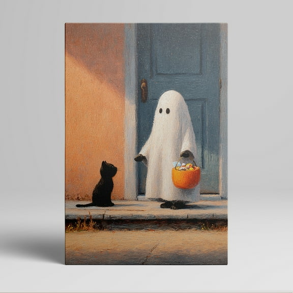 Adorable Halloween-Themed Canvas Wall Art with Ghost, Pumpkin, and Black Cat