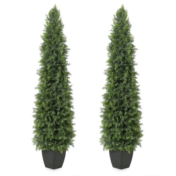 Artificial Cedar Topiary Tree for Outdoor,5FT Tall Faux Cedar Pine Trees,Potted Fake Cypress Plant with UV Resistant Leaves for Front Door Decor,Porch,Garden,Entryway, Set of 2