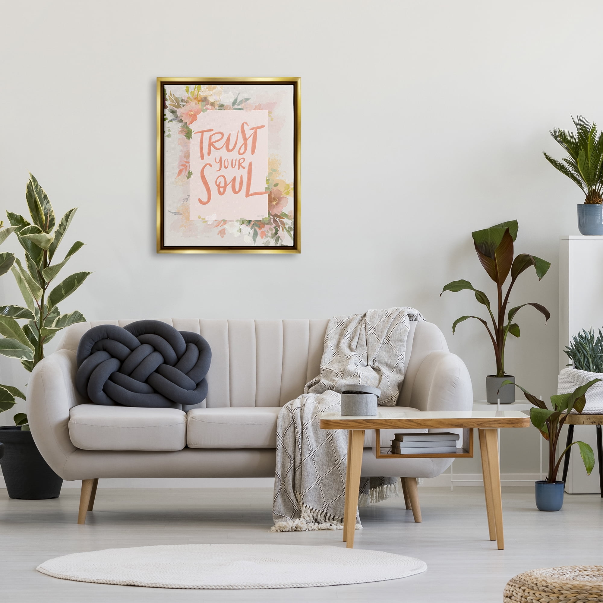 Stupell Industries Trust Your Soul Floral Border Impactful Calligraphy Graphic Art Metallic Gold Floating Framed Canvas Print Wall Art, Design by House Fenway