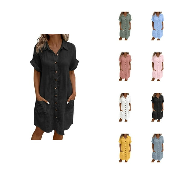 Tshirt Dress Women Short Sleeve Lapel Button Down Loose Knee Length Dresses with Pockets T Shirt Dresses for Women