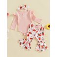 thumbnail image 3 of Suealasg 3Pcs Baby Girl Fall Outfits Set Long Sleeve Ribbed Romper + Floral Print Flare Pants + Headband Set 3 6 12 18 Months Infant Girl Spring Clothes, 3 of 7