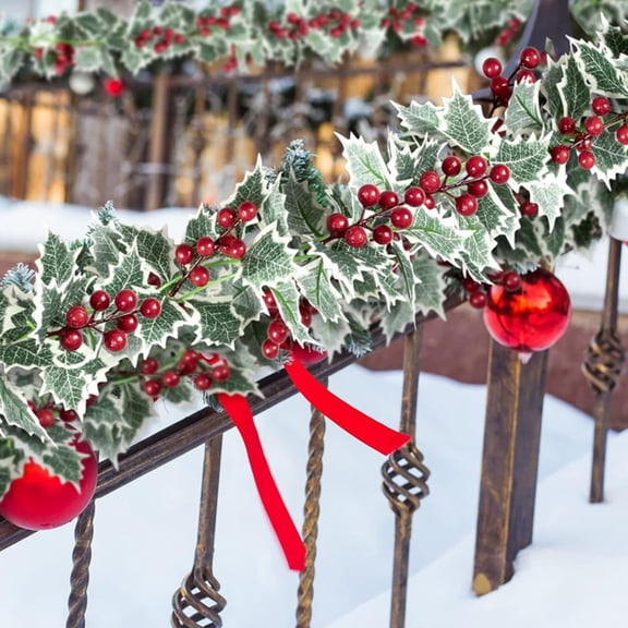 10FT Artificial Christmas Holly Berry Garlands,Faux Snow Green Leaves Vines Rattan Diy Hanging Christmas Holly Garland ,Red Berry Green Foliage Ornament