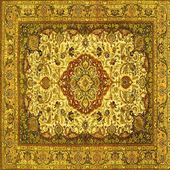 Ahgly Company Machine Washable Indoor Square Medallion Yellow Traditional Area Rugs, 3' Square